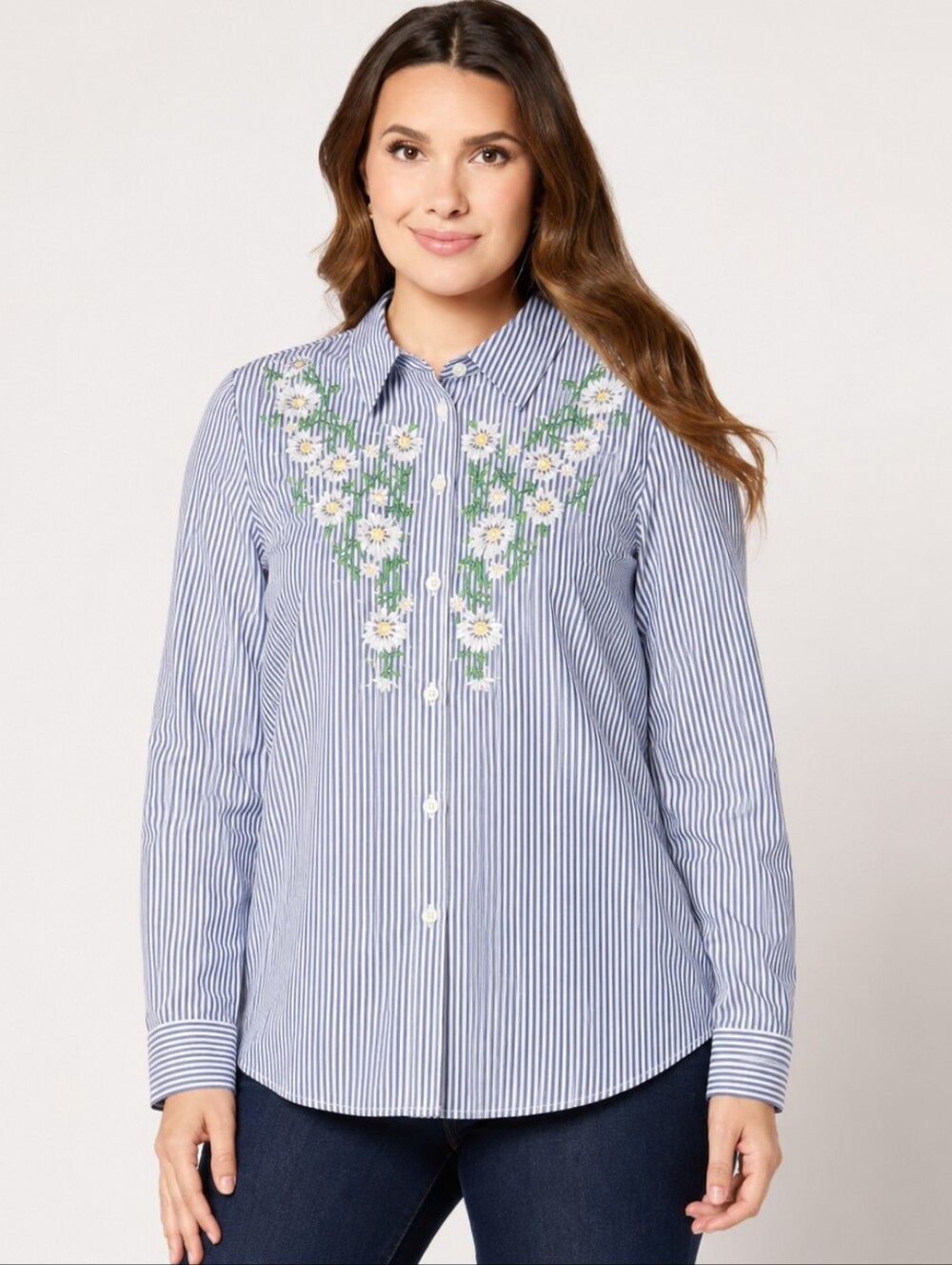 Quacker Factory Daisy Embroidered Striped Button Down Shirt Blue Small